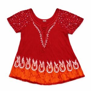 Advance Apparels Boho Top Womens M Red Orange Embroidered Lace Up Flowy Cotton